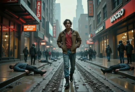 in the style of cksx,
Candid image, photography, natural textures, highly realistic, extremely wide shot of a man in brown bomber jacket, blue jeans, red shirt and black high tops, dirty filthy, brown short wavy hair, tanned skin, walking down dirty cyberpunk alley, both hands in jacket pockets, smoking cigarette, homeless laying on curbs, around fires in garbage cans, crowds on sidewalks, neon signs in windows, stores, skyrises, metropolis cyberpink city, cloudy day, windy,