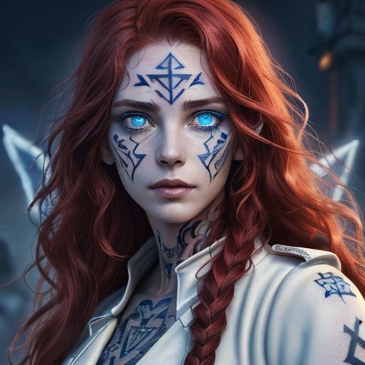 bright red hair, human female, (feminine:1.7), (beautiful face, detailed face:1.6), (beautiful eyes, detailed eyes:1.7), (looking at viewer, eye contact, intense:1.6), (long hair, red hair, curly hair:1.3), , ((masterpiece, best quality, high resolution, realistic, best quality,)), photo realistic, Perfect Face, (detailed face). <lora:GoodHands-vanilla:0.6> <lora:add-detail-xl:0.8>, mage, (Dress White military uniform coat), dagger, rune dagger, glowing runes, , (((glowing magic symbols tattoos, religious tattoos))), ((face tattoos)), glowing tattoos, stone tower in the background