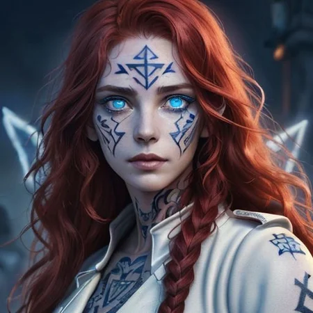 bright red hair, human female, (feminine:1.7), (beautiful face, detailed face:1.6), (beautiful eyes, detailed eyes:1.7), (looking at viewer, eye contact, intense:1.6), (long hair, red hair, curly hair:1.3), , ((masterpiece, best quality, high resolution, realistic, best quality,)), photo realistic, Perfect Face, (detailed face). <lora:GoodHands-vanilla:0.6> <lora:add-detail-xl:0.8>, mage, (Dress White military uniform coat), dagger, rune dagger, glowing runes, , (((glowing magic symbols tattoos, religious tattoos))), ((face tattoos)), glowing tattoos, stone tower in the background