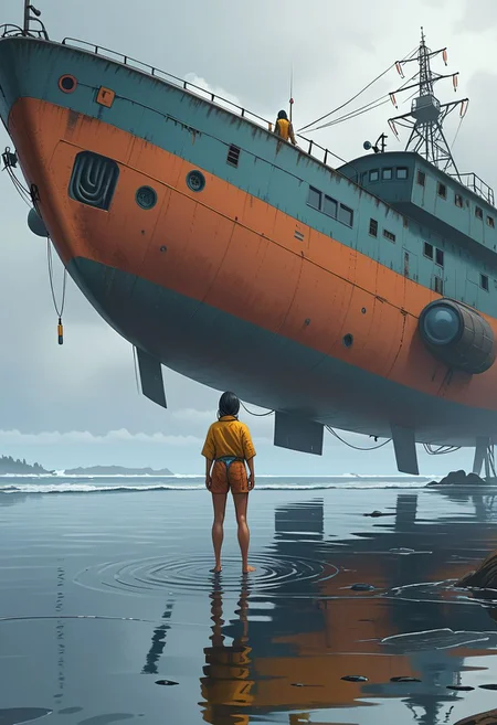 Dynamic wide angle full body view of an Hawaiian woman standing on the surface of the ocean while a specular female creature of the ocean stands upside down, feet on feet under her. Japanese V sign and a smile for the viewer!
Many details everywhere.
Ray-Tracing.
Anti-Aliasing.
Realistic reflections.
Realistic soft shadows.
Slightly desaturated colors.
Insane quality.
Insane resolution.
Insane details.
Masterpiece.
16k resolution.
By Simon Stalenhag.