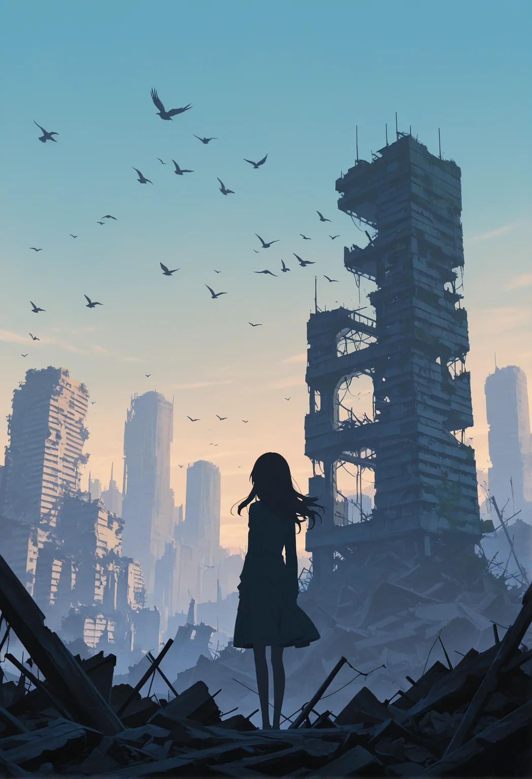 masterpiece, best quality, no lineart, no outline, 1girl, solo, long hair, standing, outdoors, sky, from behind, bird, building, scenery, facing away, ruins, anime style,anime screencap,scenery,flat colors,dynamic pose,from below