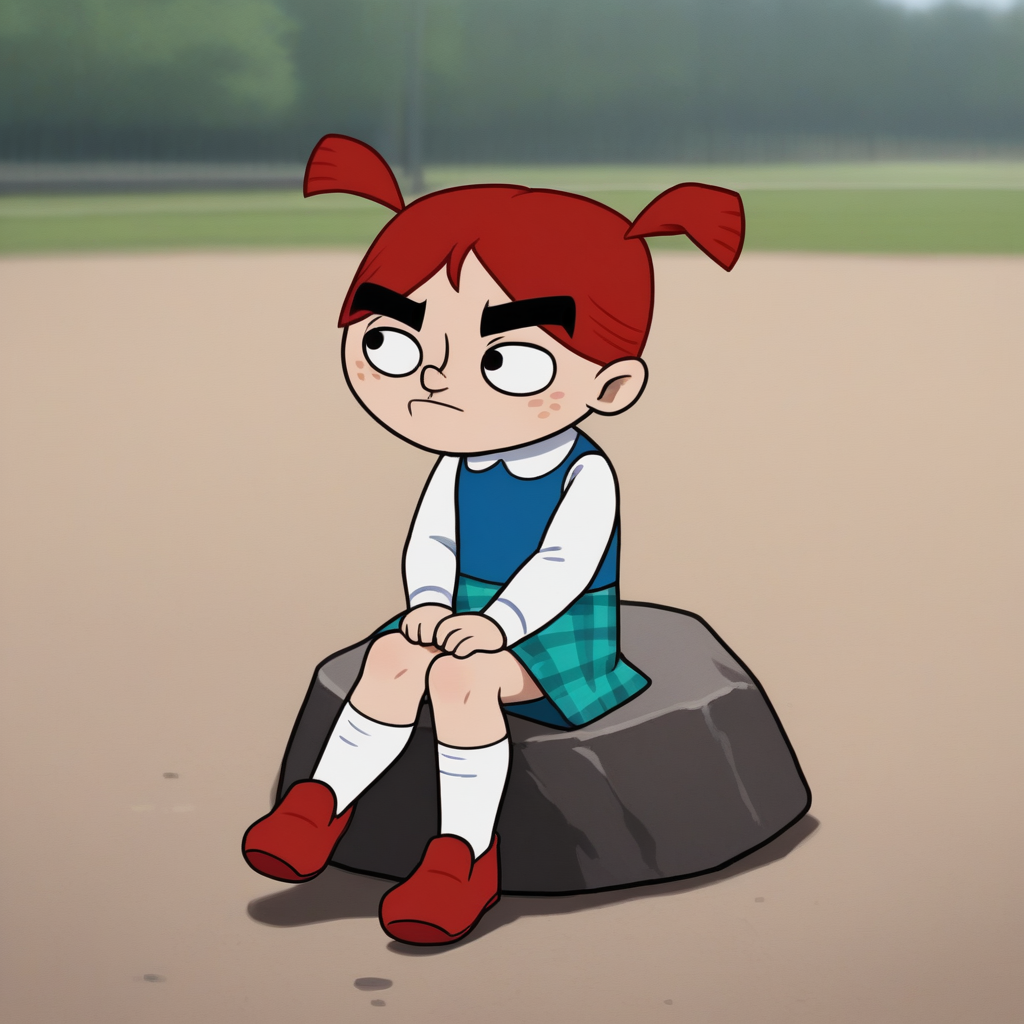 score_7_up, BREAK, Gina ,1girl, solo, red hair, twintails, black eyes, thick eyebrows, shirt, white sleeves, blue vest, long sleeves, plaid skirt, white socks, red footwear,    <lora:Gina_FAI_PXL_Leaf1:1>, outdoors, blurry background, sitting on rock,