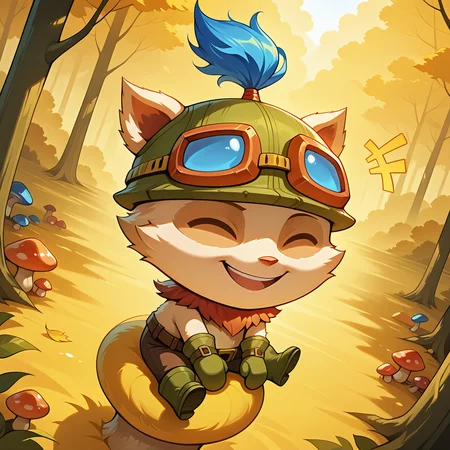 vibrant, beutiful quality, ((nature, detailed background, dynamic pose, dynamic angle, mushroom, sitting, from above, autumn, dynamic background, dynamic))
, <lora:teemo-v3-000014:0.95> wrteemob, teemo, 1boy,
, goggles_on_green_headwear, blue-tinted eyewear, red goggles, blue hair,
, green mittens, brown wrist_belt, brown pants, green boots, brown belt, +++, parted lips, open mouth, smile,