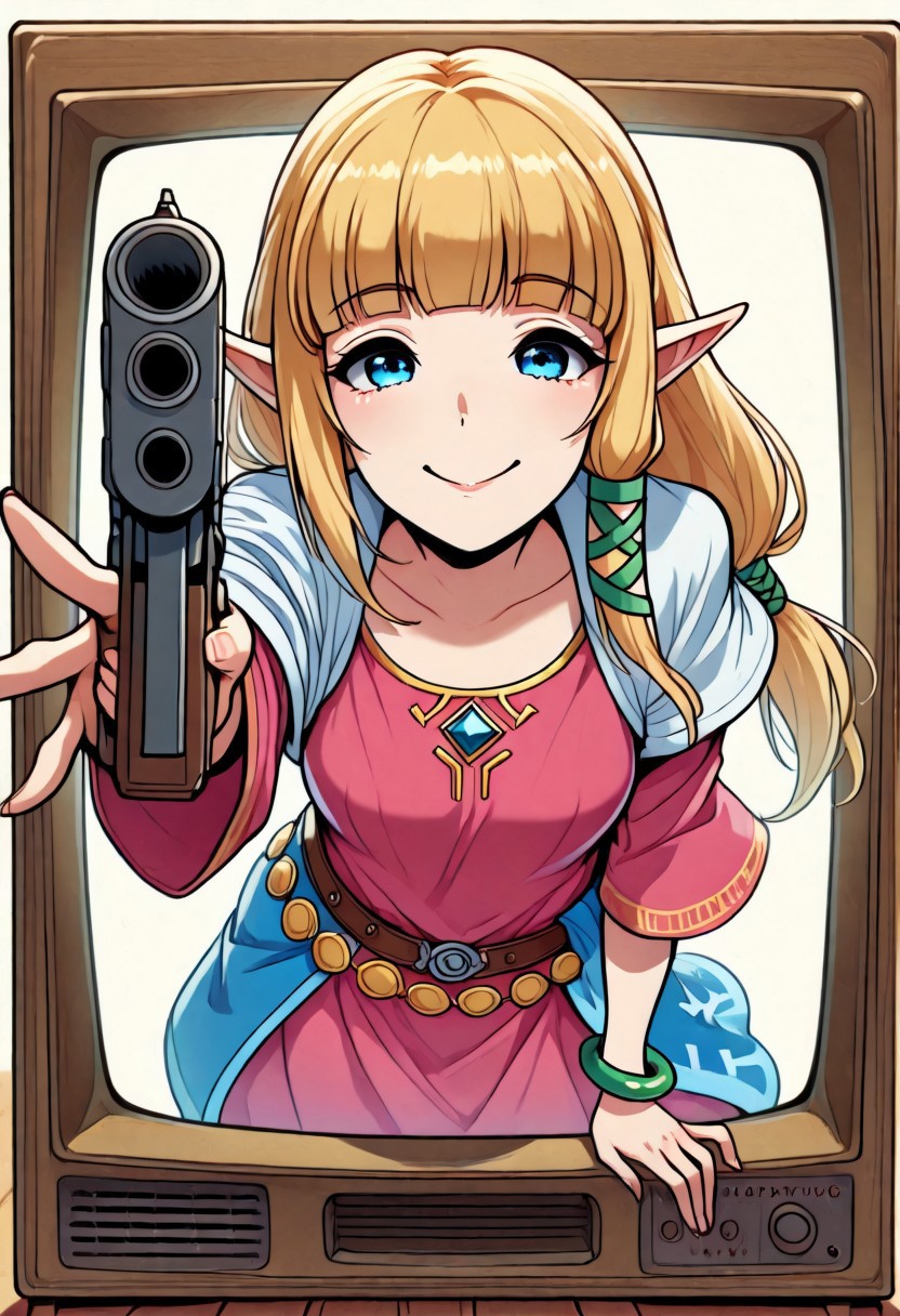 masterpiece,best quality, 2D, 1girl, solo, zeldssn11, blonde hair, hair tubes, hair ribbon, low-tied long hair, blunt bangs, blue eyes, pointy ears, brown belt, pink dress, green bracelets, white capelet, blue waist cape, medallions, scr33n, screen, emerging, emerging from television screen, big smile, holding gun