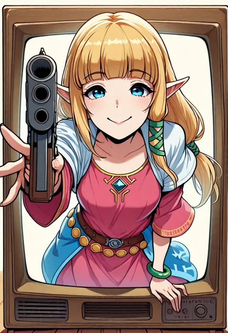 masterpiece,best quality, 2D, 1girl, solo, zeldssn11, blonde hair, hair tubes, hair ribbon, low-tied long hair, blunt bangs, blue eyes, pointy ears, brown belt, pink dress, green bracelets, white capelet, blue waist cape, medallions, scr33n, screen, emerging, emerging from television screen, big smile, holding gun