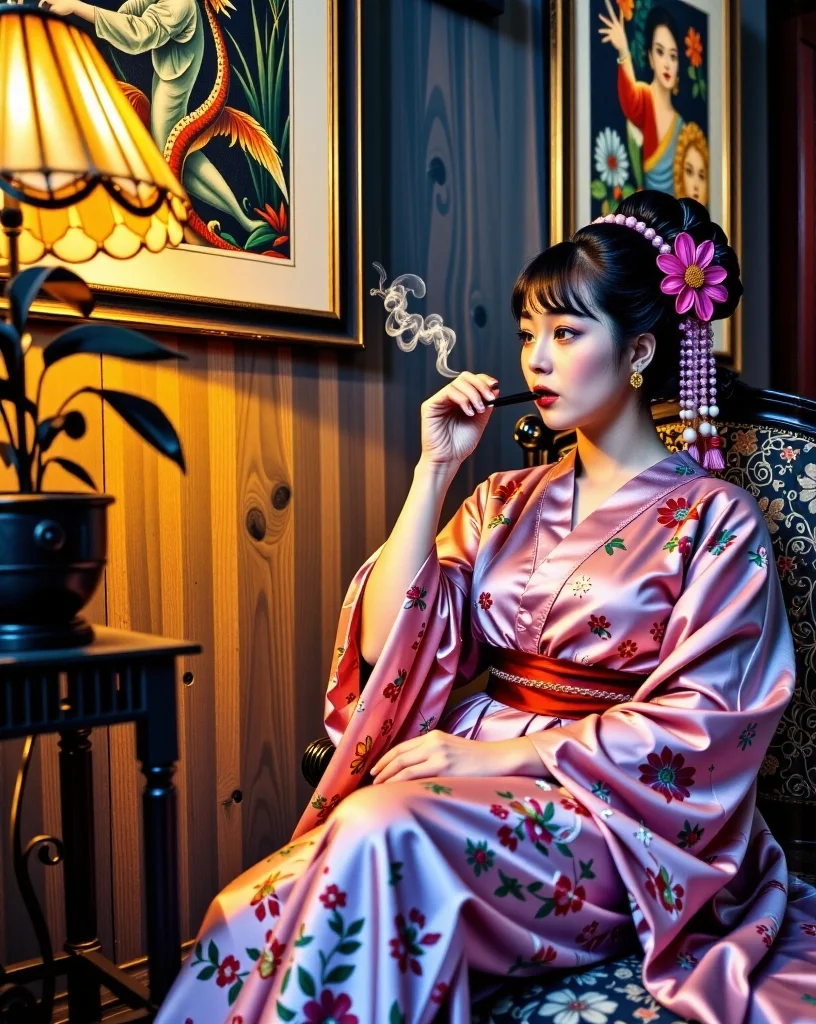 (_2 Advertising poster style:-0.250) (_2 Neon noir:-0.250) (_1 analog film photo:1.0) (_1 breathtaking:1.0) (_1 Architectural style:1.0) (very dark portrait of a woman lying down smoking opium with an opium pipe in her mouth with an embroidery on her kimono in a dark and smoky smoking room with and a subdued light where on one wall hangs a painting representing hell with Japanese typography and satyrs and two-headed monsters and serpents in a lush tropical forest:2).
(embroidery text "OPIUM COMA":2).
<lora:Flux_DetailsArchitecture_epoch_5:0.25> <lora:Flux_FuturArchitecture_epoch_5:0.75> <lora:Flux_DetailsNature_epoch_5:1> <lora:Flux_GustaveMoreau_epoch_5:1>  <lora:flux_abyss:0.25> <lora:Flux_artis 28.11A:0.25> <lora:Flux_DetailsRock_epoch_5:-0.25> <lora:Flux_Chimeras_epoch_5:1> <lora:colouring_experiment_analogue_FLUX:0.5>, LOW KEY photography, dramatic lighting, deep shadows, rich contrast, moody atmosphere, intense emotions, cinematic feel, mysterious ambiance, emphasizing shape and form, creating depth, evoking drama, storytelling through shadows, professional technique, JAPANESE TRADITIONAL art style, delicate lines, subtle colors, intricate details, dynamic compositions, cultural heritage, adds elegance and sophistication.((Clean lines, geometric shapes, minimalist, modern, architectural drawing, highly detailed):1.0).((award-winning, professional, highly detailed, high resolution, masterpiece):1.0).((faded film, desaturated, 35mm photo, grainy, vignette, vintage, Kodachrome, Lomography, stained, highly detailed, found footage):1.0).((Cyberpunk, dark, rainy streets, neon signs, high contrast, low light, vibrant, highly detailed):-0.250).((Professional, modern, product-focused, commercial, eye-catching, highly detailed):-0.250)