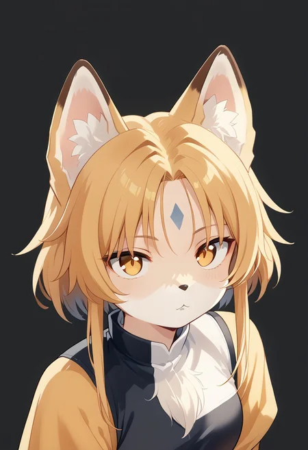 score_9, score_8_up, score_7_up, source_anime, beautiful detailed face, BREAK, 1girl, fox girl, with fox ears, with animal nose, with cheek fluff, body fur, face fur, two toned body fur, two toned face fur, fox, golden eyes, white forehead mark,
Wuthering Waves nobody,
black background,
WUTHERING WAVES BACKGROUND,