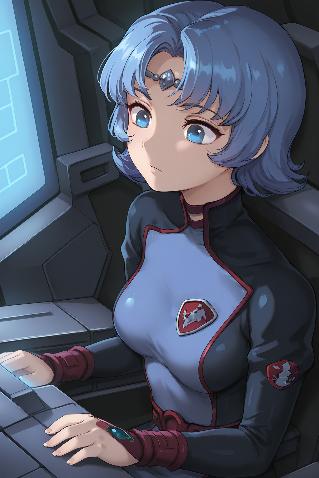 1girl, ETHairstyle, ETOutfit,
general, solo, perspective, dutch angle, upper body,
blue hair, blue eyes, eyelashes,
shiny skin,
circlet, multicolored bodysuit, emblem, red belt,
looking at object, pilot, sitting, 
science fiction, starcraft, 
depth of field,
<lora:kp_EkuryuaSeikaiIllustrious_v1_0:1.0>,
masterpiece, best quality, amazing quality