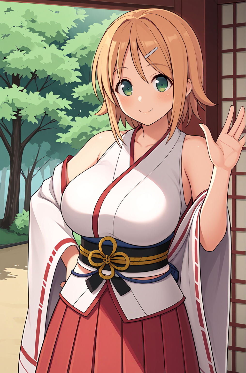 anime artwork, score_9, score_8_up, score_7_up, source_anime, BREAK, thick outline, fat outline,
Hanabi_XL, green eyes, short blonde hair, hairclip, large breasts, BREAK, Hanabi_Shrine, shrine clothes, japanese clothes, miko clothes, white kimono up, bare shoulders, sleeveless, obi, sash, hakama skirt, red skirt, BREAK, outdoors, forest, waving, smile,
<lora:Hanabi_XL:0.7>
<lora:PersonalAmi_PonyXL:0.5>