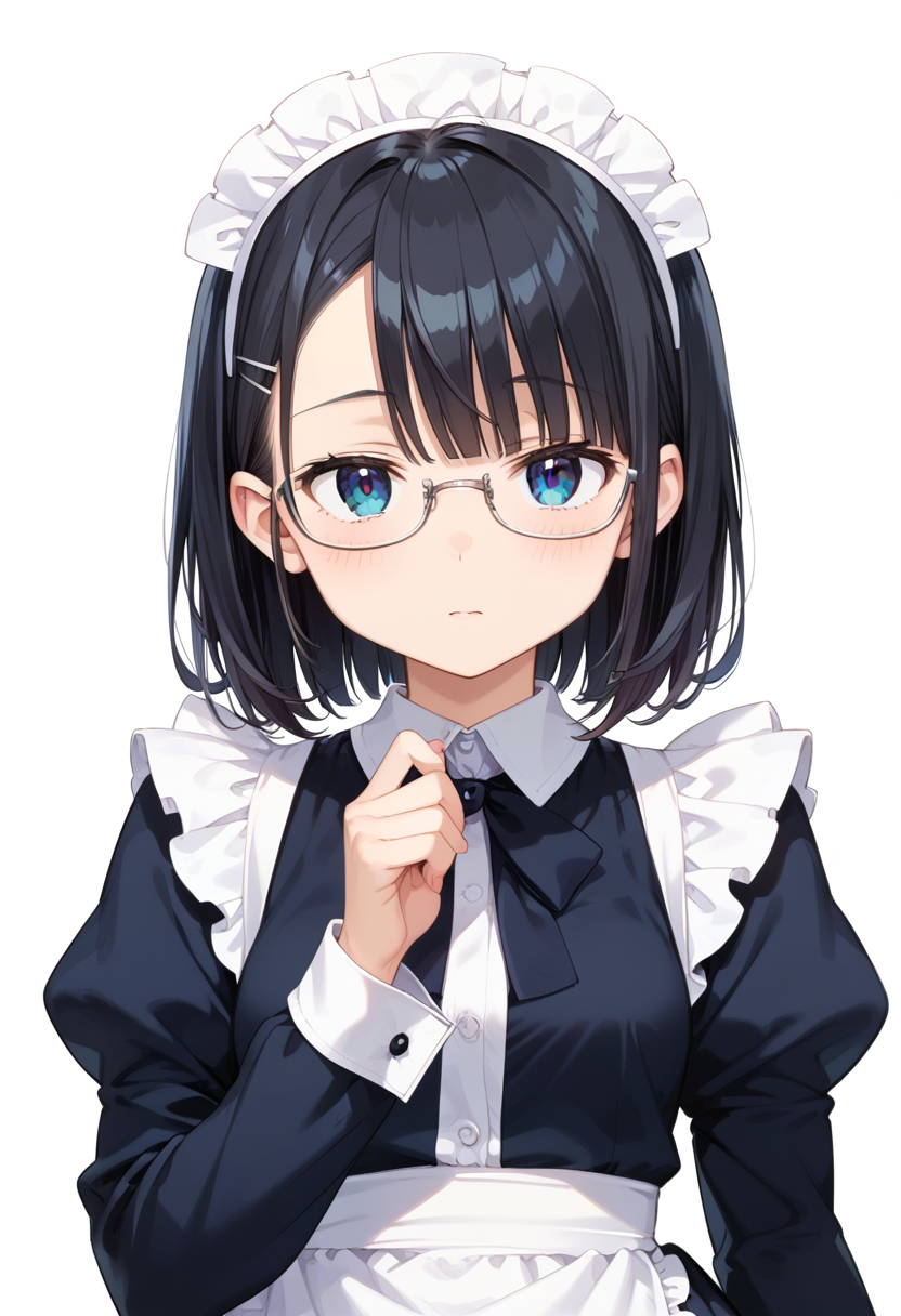 score_9, score_8_up, score_7_up, rating_safe, masterpiece, best quality, absurdres, unity 8k wallpaper, official art, official style, source_anime, uncensored, game cg, megami magazine,
1girl, solo, black hair, medium hair, upper body, covered eyes,maid, maid headdress, black dress, maid apron, face focus,
underrim_metal, glasses, still life, white background, simple background, under-rim eyewear, grey-framed eyewear, 
 <lora:glasses_underRimMetal_PONY_V1:1>