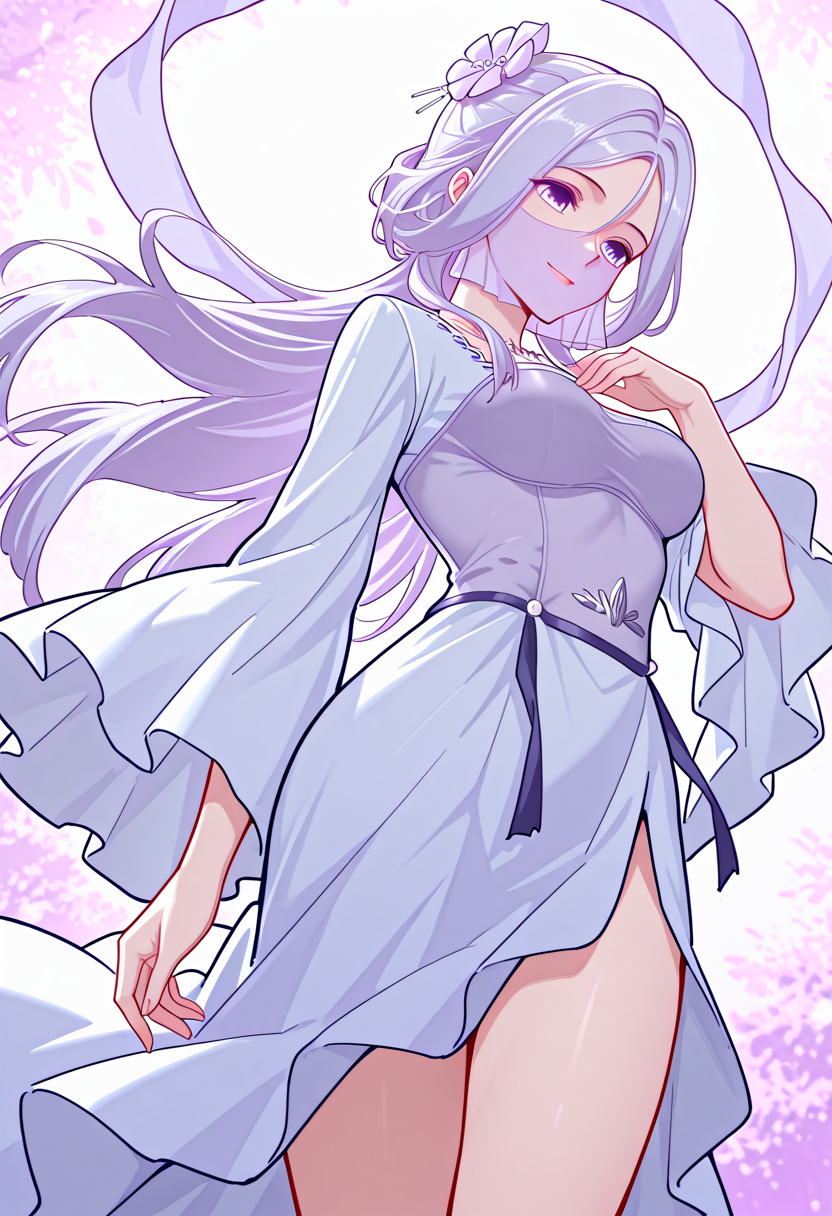 Chu_Qingcheng_IL,1girl,long purple hair,wavy hair,Soft wavy strands,hair ornament,parted bangs,purple eyes,hair between eyes,necklace,medium breasts,soft light purple veil,white dress,layered dress,pearl accents,high slit dress,wide sleeves,ornamental belt,waist gems,<lora:Chu_Qingcheng_IL:1>,
(Character),score_9,score_8_up,score_7_up,very aesthetic,source_anime,detailed,high quality,beautiful,detailed eyes,masterpiece,best quality,absurdres,perfect anatomy,dynamic low-angle shot,looking down while smiling brightly,wind blowing through hair,one hand near chest,flushed cheeks,dramatic lighting from behind,glowing rimlight,cinematic lens flare,soft pinkish background,ethereal atmosphere,anime style,