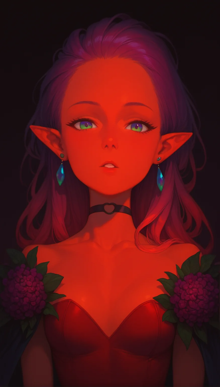 score_9, score_8_up, score_7_up, score_6_up,
dungeon, portrait, backlighting, (close-up:1.2), sunlight, flowers, colorful,
1girl, angela, solo, long hair, pointy ears, gradient hair, earrings, purple gloves, strapless, showgirl skirt, bare shoulders, waist cape, strapless leotard, choker, looking at viewer, parted lips, red leotard,
in an open field,
from above, upper body,
<lora:seiken-densetsu-mana-pony:0.8> <lora:IOS_Iridescent_opal_style:0.8>