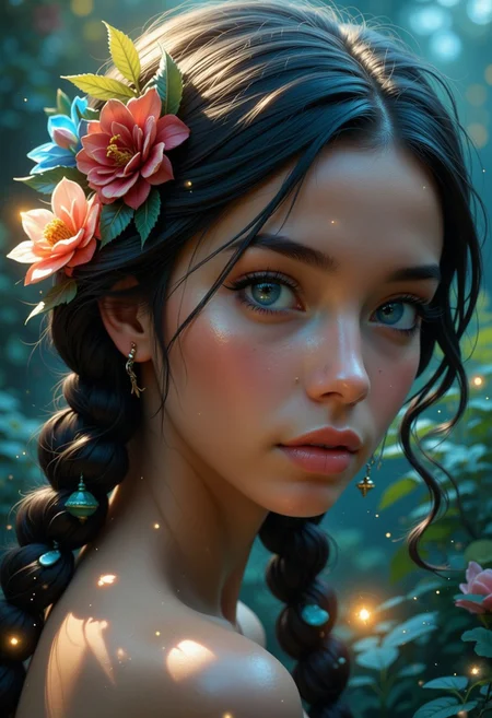 score_9, score_8_up, score_7_up, realistic, beautiful Latina, deadlocks, brown skin, flowers in her hair, bioluminescence, a hologram, fantasy art, art by greg rutkowski and artgerm, soft cinematic light, adobe lightroom, photolab, hdr, intricate, highly detailed, (depth of field:1.4)