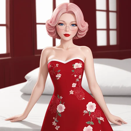 <lora:MrClaus_pony_v1:1>  MrsClaus, 1girl,  glasses, round eyewear,  solo, blue eyes, red lips, lipstick, makeup, pink hair,  short hair,  freckles, cowboy shot,  <lora:1007 Chinese wedding dress_v1_pony:1> ruanyi1007,bare shoulders,detached sleeves,red dress,floral print,strapless dress,