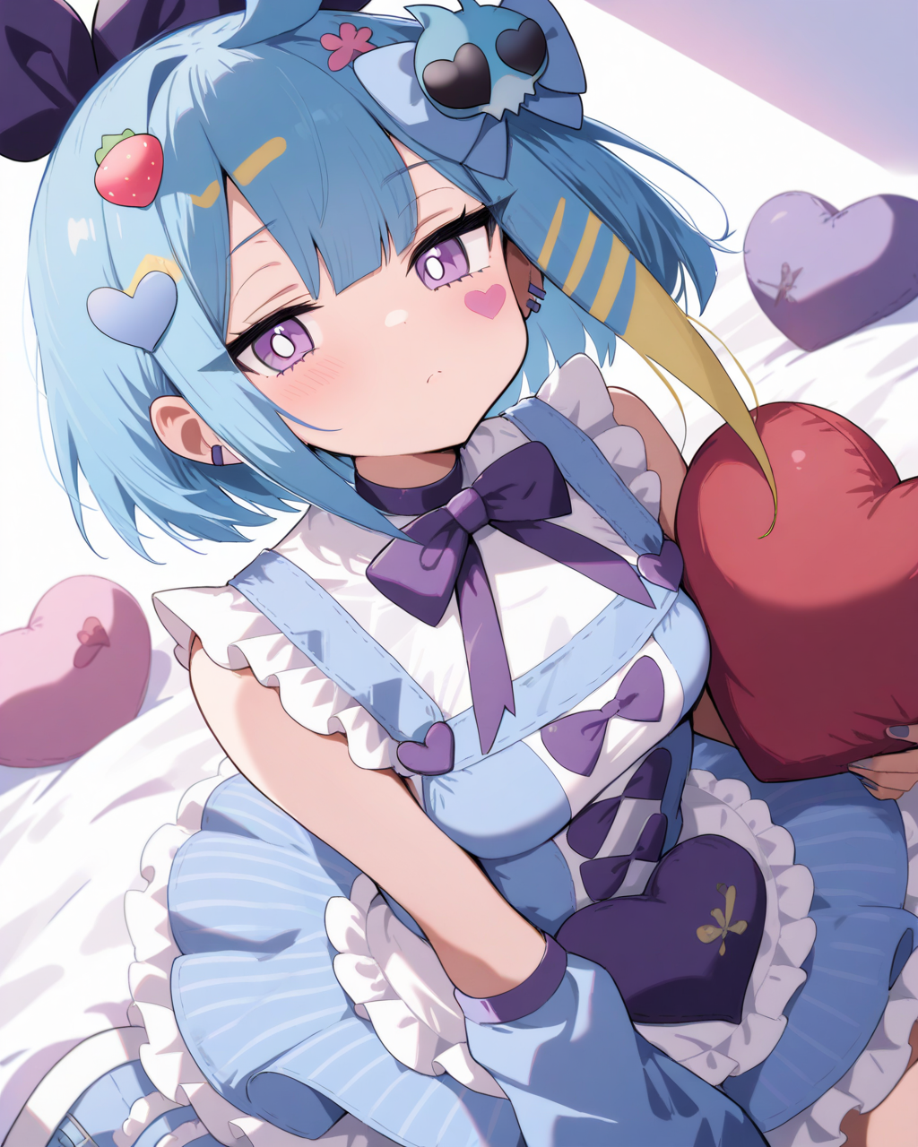1girl,
LiveTwinLil-laYu-Gi-Oh,
sensitive, solo, dynamic angle, upper body, 
hair bow, purple bow,
skull hair ornament, hair flower, strawberry hair ornament,
heart hair ornament,
looking at viewer,
wariza,
holding pillow, heart-shaped pillow,
neck ribbon, purple bowtie,
blue dress, sleeveless dress, breasts,
arm warmers,
dress bow, 
frills, 
depth of field,
<lora:kp_LiveTwinLil-laSweetYu-Gi-OhAnimagineXL_v1_1:1.0>,
masterpiece, high score, great score, absurdres