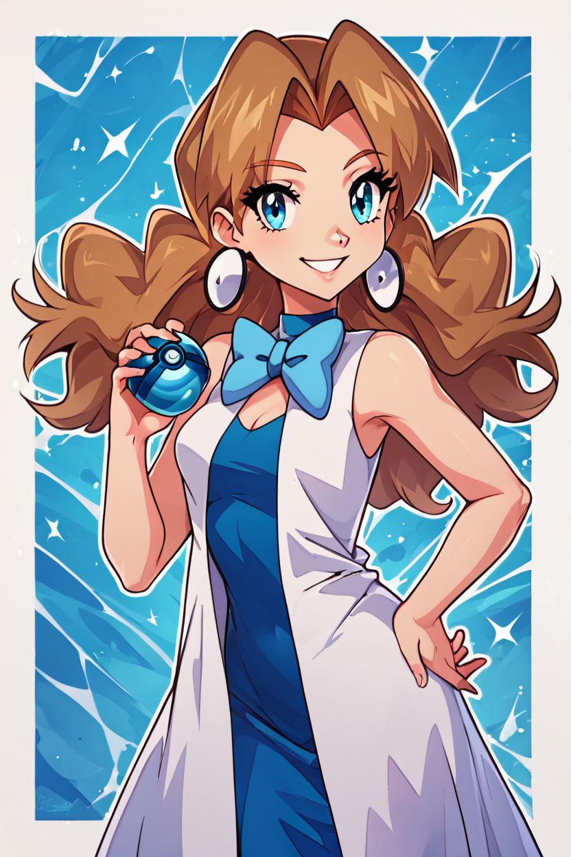 score_9, score_8_up, score_8, medium breasts, (curvy), cute, eyelashes,      rating safe,   BREAK,  <lora:Molly_Pokemon_PDXL:0.8>,  zzMolly,  blue eyes, brown hair, parted bangs, long hair,  blue dress, jewelry, earrings, blue bowtie, sleeveless, blue bow, white coat,  poke ball, holding poke ball,   abstract blue crystal background, white outline,   smile, hand on hip,   <lora:CatalystStylePDXL:0.6>,  <lora:SDXLFaeTastic2400:0.5>,  <lora:Expressive_H-000001:0.4>,