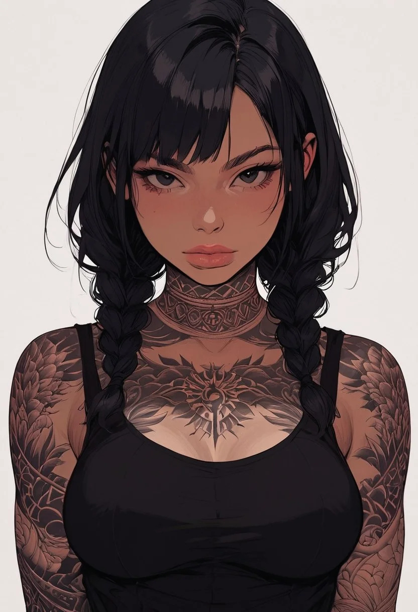 score_9, score_8_up, score_7_up, high detailed, high quality, masterpiece, no text, quality highlights, 8k detail, detailed background, source_anime, dynamic view, hentai, ultra-detailed,
...
1girl, (((solo))), female focus, expressiveh, (young),
(warm skin), (black hair), (black eyes), (two braids), (medium breasts), (thick thighs), big butt,
(thick butt), (curvy girl), cute girl, thick lips,
(incredibly sexy), sexy pose, pose, ((body tattoos)),
...
(black tank top),
((upper body)), standing,
eyes wide, looking at viewer, closed mouth,
posing, front view,
...
(white background)