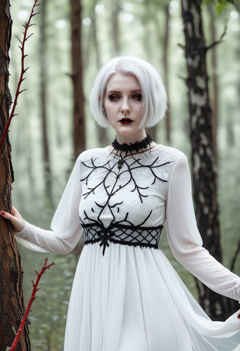 depth of field, fantasy photoshoot, photo, professional photoshoot,
1girl, ghost, tall, pale skin, themes of fabric and blood,
short hair, white dress, gothic jewelry, white hair,
summer forest, branches in foreground, blurry foreground, trees in background,
realistic, blurry