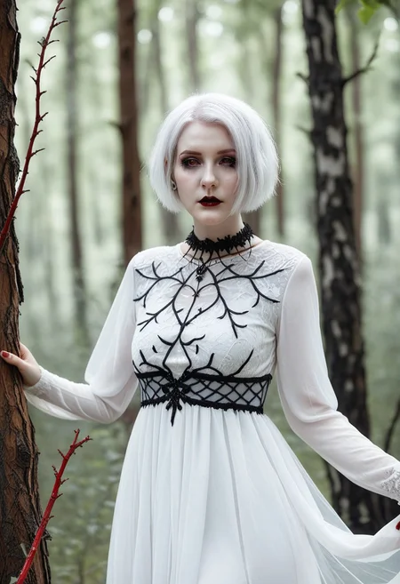 depth of field, fantasy photoshoot, photo, professional photoshoot,
1girl, ghost, tall, pale skin, themes of fabric and blood,
short hair, white dress, gothic jewelry, white hair,
summer forest, branches in foreground, blurry foreground, trees in background,
realistic, blurry