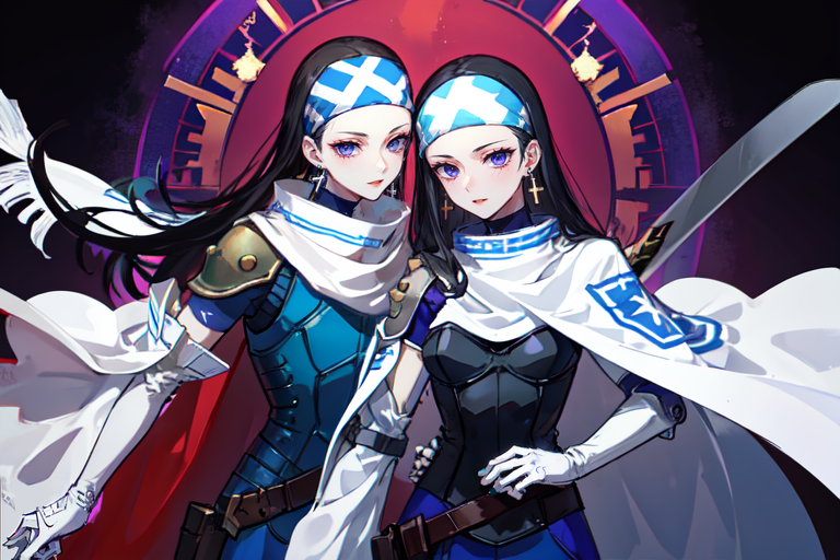 highly insanely detailed, masterpiece, top quality, best quality, highres, 4k, 8k, RAW photo, (very aesthetic, beautiful and aesthetic),  
beth_\(megami_tensei\),bethsmtii,shin megami tensei ii,long hair,black hair,straight hair,sleek black,jewelry,cross,headband,red_lipstick,bandana_with_messian_symbol,Religious_bandana,symbol_headband,messian_church_bandana,Blue_dress,armored_corset,blue shirt,white cape,cape_with_messian_symbol,Religious_cape,messian_symbol_cape,holy_knight_cape,messian_cross_earrings,cross_earrings,religious_earrings,messian_symbol_jewelry,katana,sword, 
<lora:zs_Beth:0.7>, 
(1girl:1.3), 1other, 
art nouveau architecture,shimmering bronze background,rich purple background,(rainbow background,dripping colors background,fluid color background),âââ