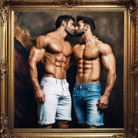 handsome, men, gay focus, bara, muscular, kissing, painting, full body in frame