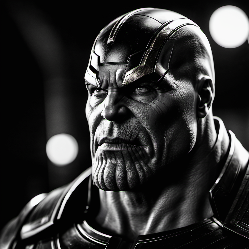 cinematic photo a close up ((black and white:2))photo of thanos from avengers, in the style of mario testino, contrasting lights and darks, paolo veronese, glamorous hollywood portraits, marc chagall, animated film pioneer, pentax 645n,deepdarkstudio,dark black background with a white gradient around the man,((high contrast:2)) <lora:Deep_Dark_Studio_XL-000003:0.5 . 35mm photograph, film, bokeh, professional, 4k, highly detailed