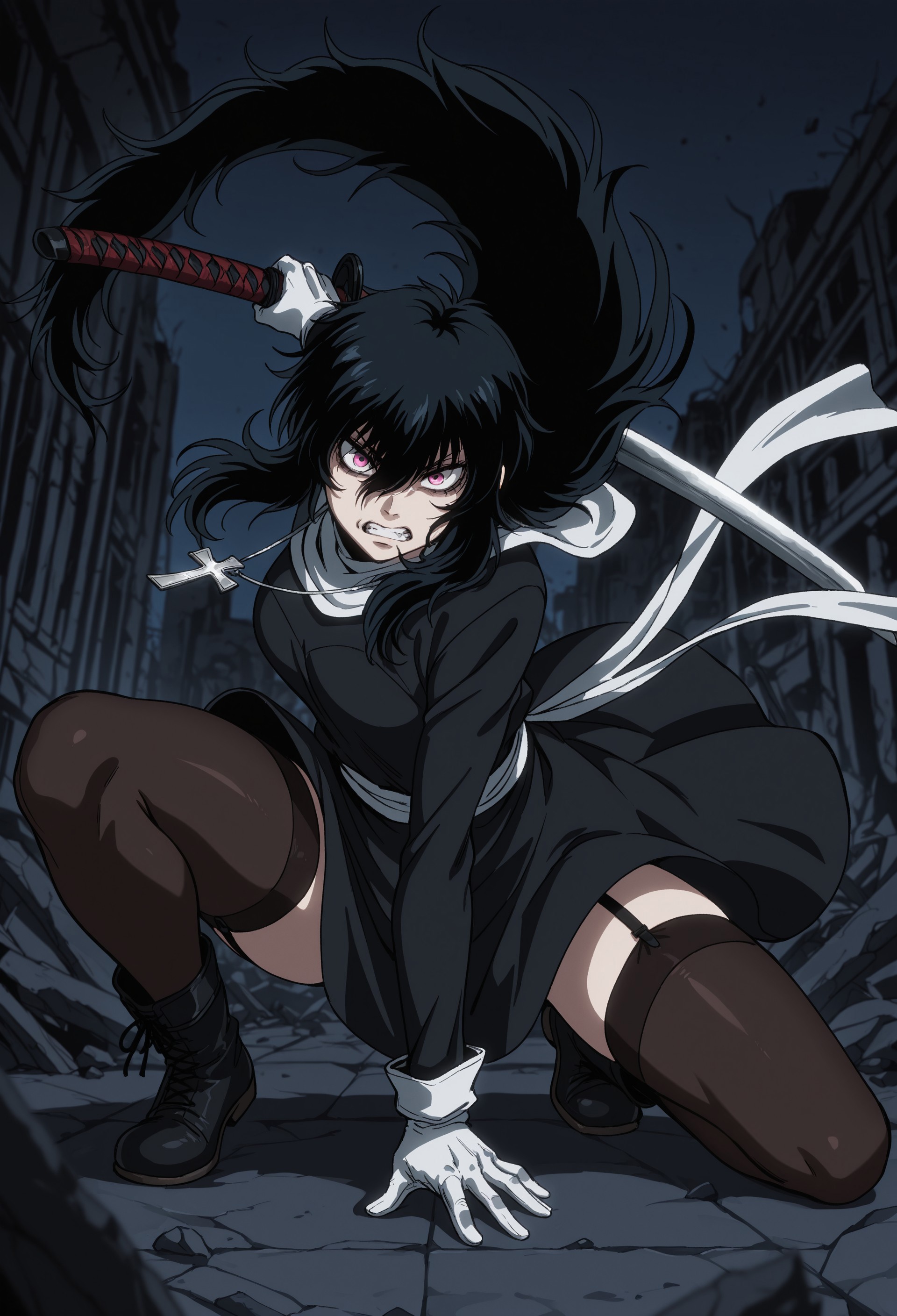 masterpiece, best quality, amazing quality, very aesthetic, absurdres, YumieTakagi, 1girl, black hair, very long hair, pink eyes, medium breasts, silver cross necklace, white guimpe, long black dress, white gloves, white waist sash, black thighhighs, garter straps, black boots, dynamic pose, perspective, ruins, night, angry, clenched teeth, holding katana, looking at viewer, fighting stance, holding sheath
