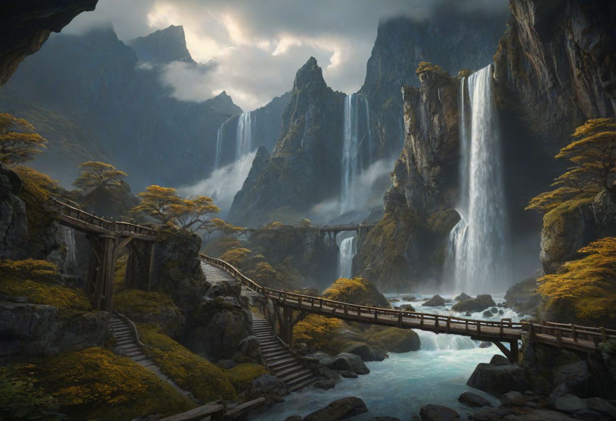 masterpiece, best quality, ultra detailed, professional light, cinematic lighting, ambient lighting, atmospheric effects, photorealistic, epic landscape, high fantasy, waterfall, mountains, cliff, bridge, Kintsugi style path, clouds