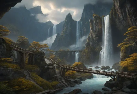 masterpiece, best quality, ultra detailed, professional light, cinematic lighting, ambient lighting, atmospheric effects, photorealistic, epic landscape, high fantasy, waterfall, mountains, cliff, bridge, Kintsugi style path, clouds