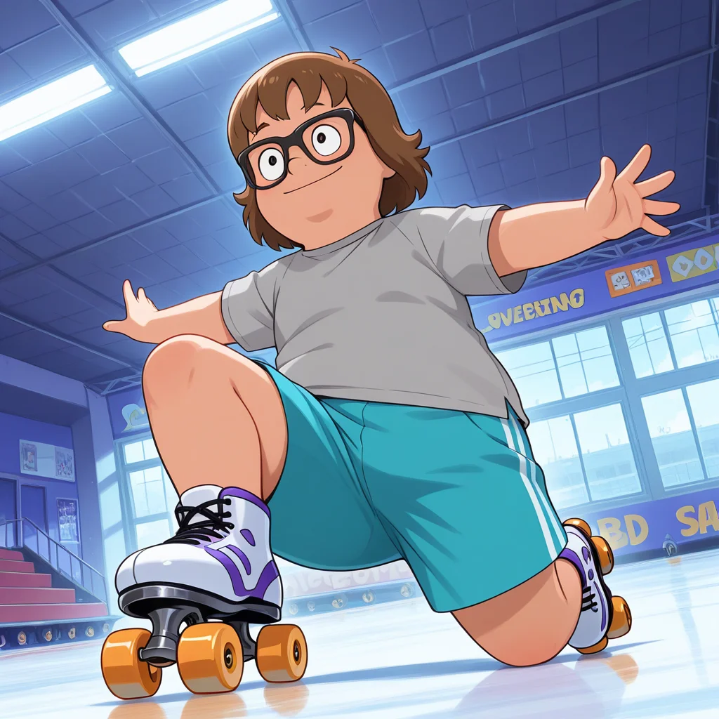 high quality, masterpiece, amazing quality, colorful, best quality, detailed background, <lora:alex+gene-v4-07:0.9>, (bb-alex), 1boy, plump, (aged_down), glasses, skating, roller skates, gym_uniform, grey t-shirt, aqua shorts, outstretched arms, from below, light smile, dynamic pose, dynamic angle, low angle, three quarter profile, knee up,