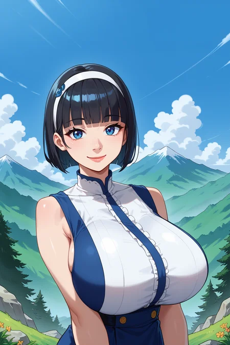 score_9, score_8_up, score_7_up, source_anime, BREAK, looking at viewer, smile, lips, outdoors, mountain, nature, huge breasts, blue eyes, black hair, hairband, bob cut, sleeveless dress, blunt bangs, <lora:YDBunny Pony:0.6>