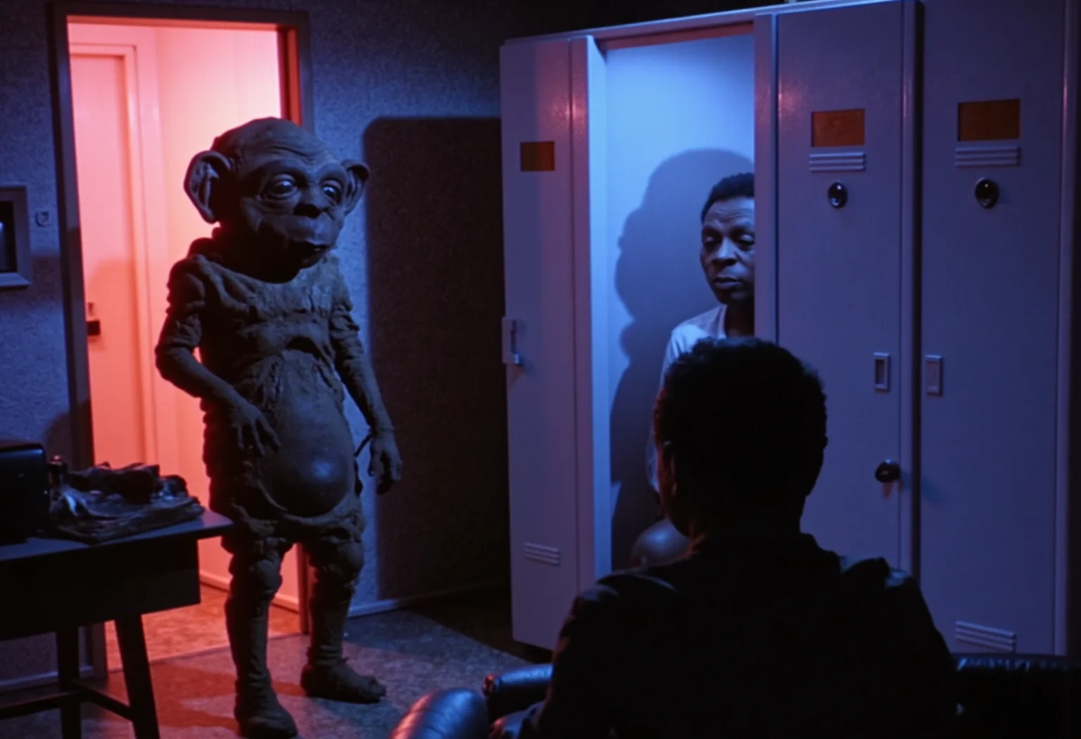 Vibrant Rim Light, an image where Nukie the knockoff alien is salmon radioactive in a seedy adult video store, eying up a homeless man passed out in the corner of the private viewing booths in the back., bright rim light, high contrast, bold edge light
