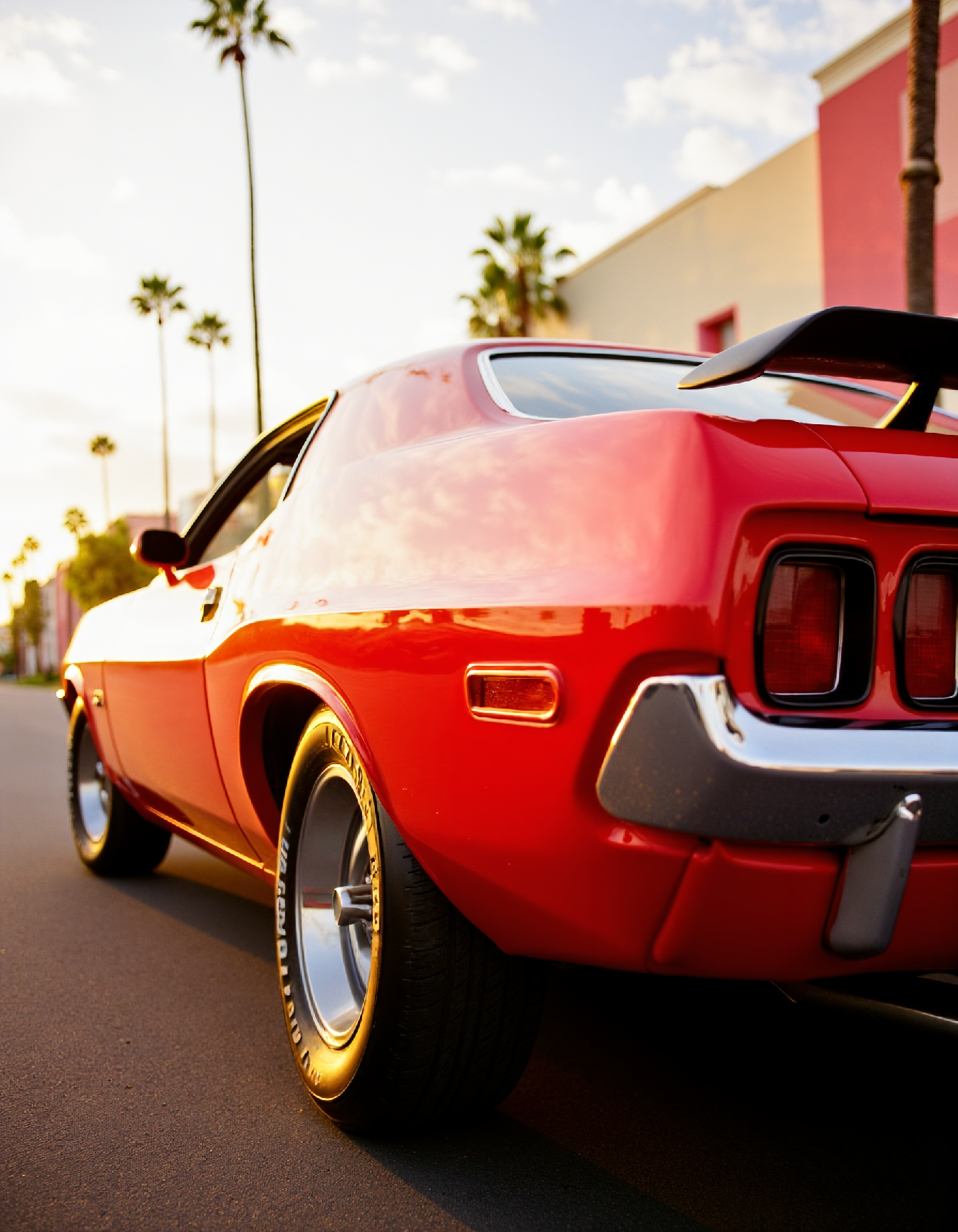 cinematic film style, cinematic color style, Kodak film style. A vibrant 1970s muscle car, cherry red with chrome accents, parked on a sun-drenched street. The car gleams under a warm, golden light, reflecting the sky and clouds.  The background is a soft blur of pastel-colored buildings and palm trees. The image has a grainy texture, reminiscent of old film stock.  The composition is framed tightly, emphasizing the car's curves and powerful stance.  A sense of nostalgia and adventure permeates the scene.