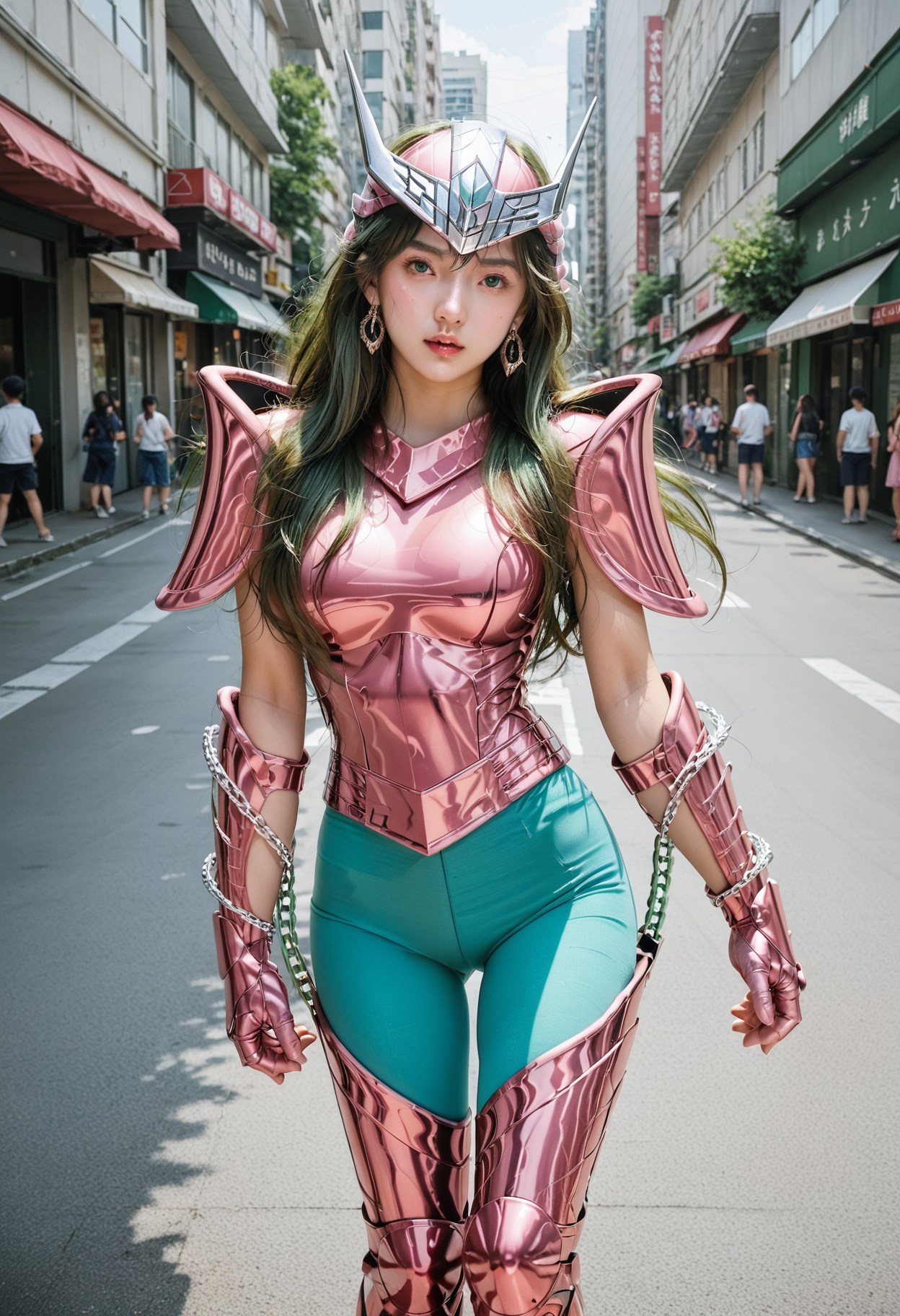 score_9,score_8_up,score_7_up,8k,1girl,heavy make-up,outdoors,city,street,tokyo,shinjuku,large breasts,slim waist,wide hips,dynamic pose,
upper body,<lora:saintseiya5-pony-v70-000006:0.8>,1gshun,pink armor,green leggings,armor,green hair,long hair,breasts,boots,helmet,gloves,gauntlets,pauldrons,armored boots,shoulder armor,chain,skin tight,vambraces,thigh boots,pink gloves,greaves,breastplate,earrings,shoulder pads,bodysuit,green eyes,