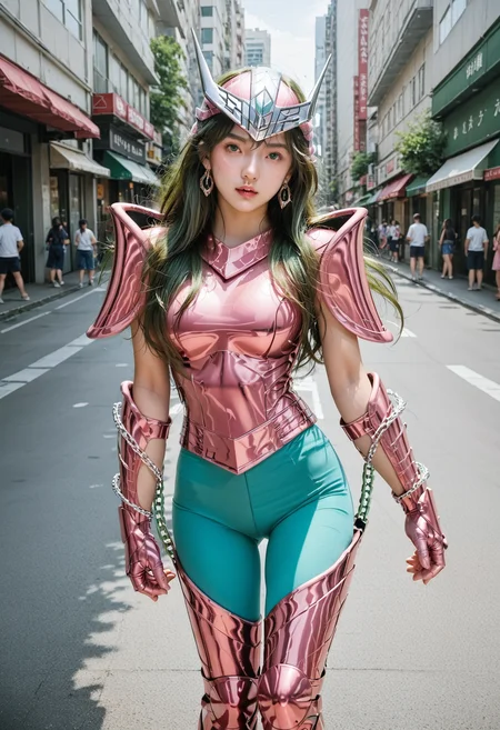 score_9,score_8_up,score_7_up,8k,1girl,heavy make-up,outdoors,city,street,tokyo,shinjuku,large breasts,slim waist,wide hips,dynamic pose,
upper body,<lora:saintseiya5-pony-v70-000006:0.8>,1gshun,pink armor,green leggings,armor,green hair,long hair,breasts,boots,helmet,gloves,gauntlets,pauldrons,armored boots,shoulder armor,chain,skin tight,vambraces,thigh boots,pink gloves,greaves,breastplate,earrings,shoulder pads,bodysuit,green eyes,