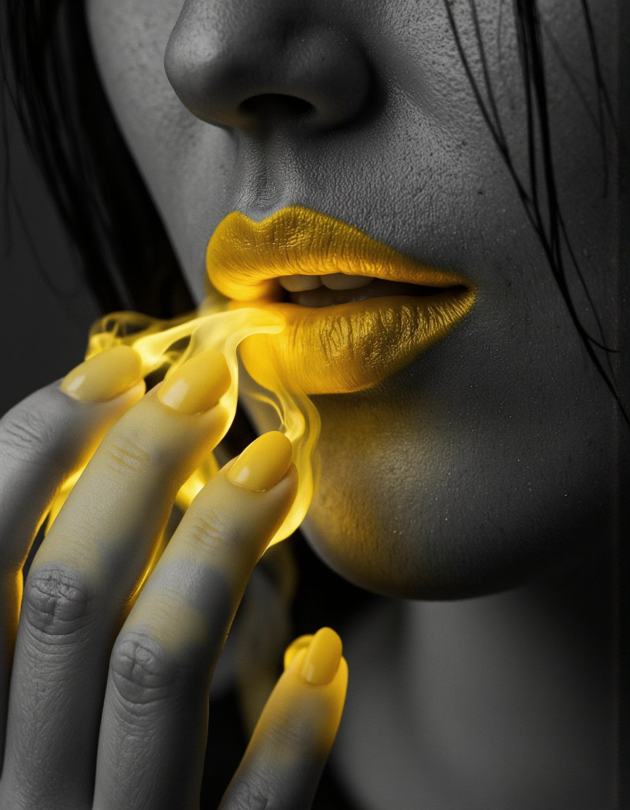 A close-up photograph of a woman's lips in monochrome, except for her lips, which are a vibrant, glowing yellow. Soft, ethereal yellow smoke-like waves emanate from her lips, flowing gently into the surrounding air. The rest of the image remains in black and white, creating a stark contrast with the vivid yellow glow, emphasizing the surreal and dreamlike quality of the scene