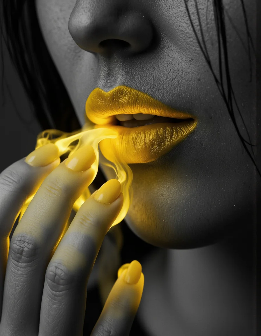 A close-up photograph of a woman's lips in monochrome, except for her lips, which are a vibrant, glowing yellow. Soft, ethereal yellow smoke-like waves emanate from her lips, flowing gently into the surrounding air. The rest of the image remains in black and white, creating a stark contrast with the vivid yellow glow, emphasizing the surreal and dreamlike quality of the scene