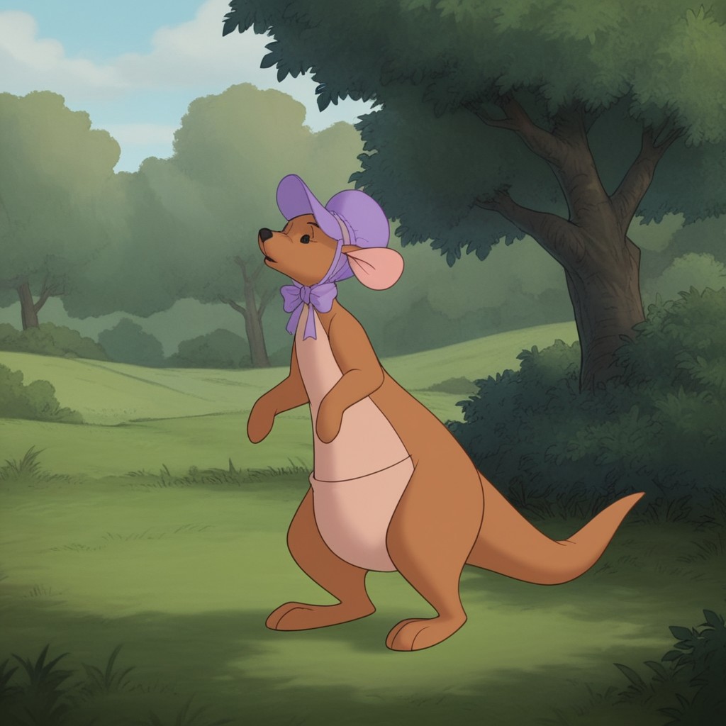 score_9, score_8_up, score_7_up, score_6_up, score_5_up, score_4_up source_furry, WtPKangav2, semi-anthro, female, kangaroo, brown fur, outside, spring, purple bonnet