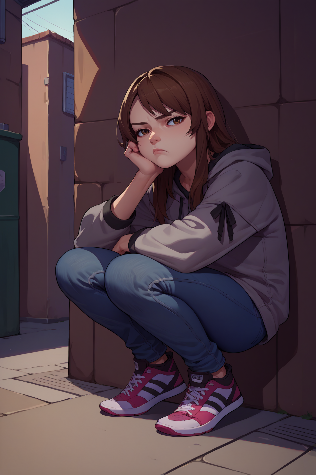 score_9, score_8_up, score_7_up, score_6_up, source_anime, 1girl, solo,  <lora:kozukatayuri-pdxl-nvwls-v1-000005:1> ffyuuri, brown hair, long hair, brown eyes, grey hoodie, hood up, jeans, squatting, sneakers, alleyway, bored