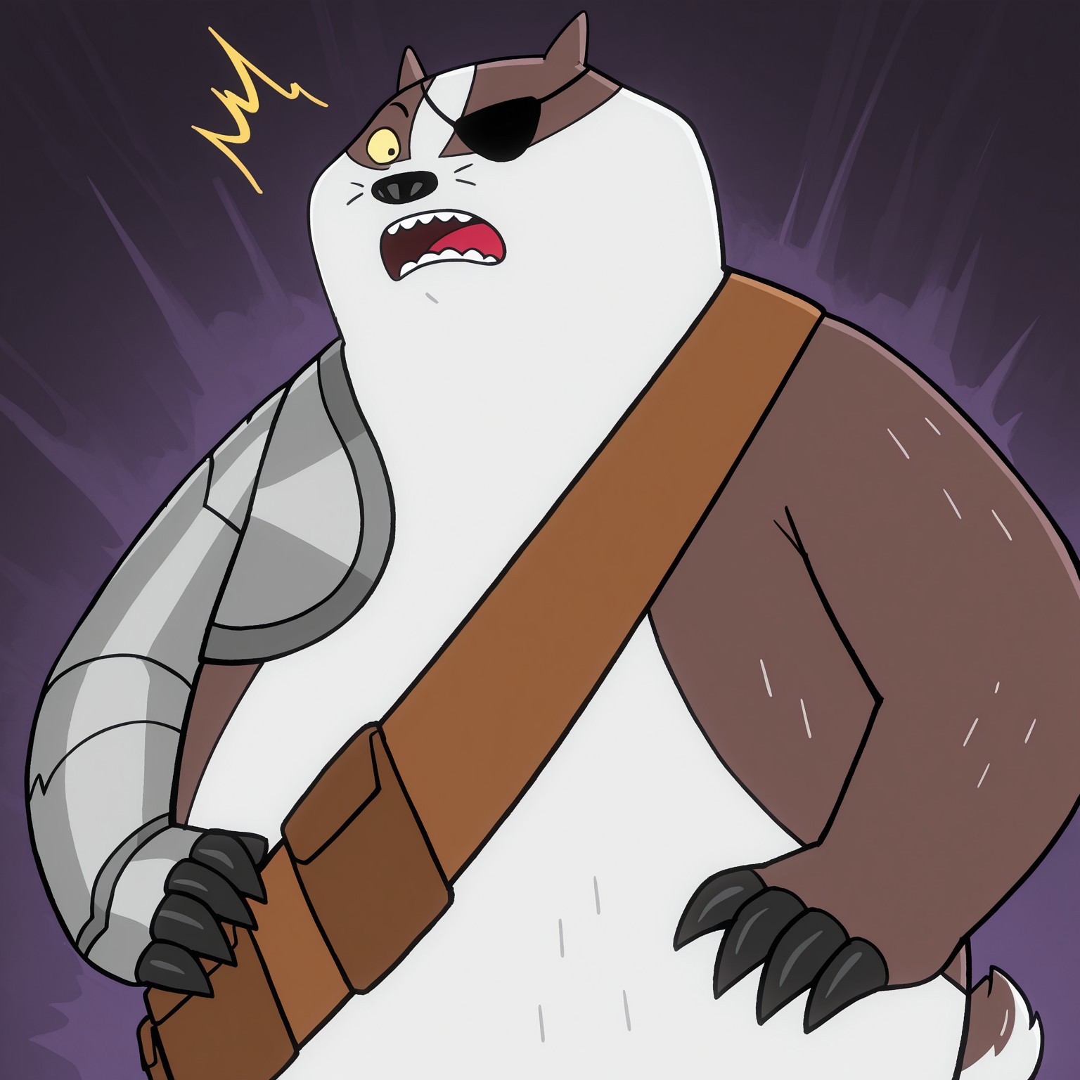 Badgerclops, 2d, solo, 1boy, male, badger, white fur, brown fur, two tone fur, black eyepatch, whiskers, black claws, toe claws, pointed ears, cybernetic right arm, tail, brown bag, 

BREAK upper body focus, abstract background, open eye, yellow sclera, black pupil, surprised

BREAK best quality, amazing quality, very aesthetic, absurdres, newest, masterpiece, high quality, detailed 