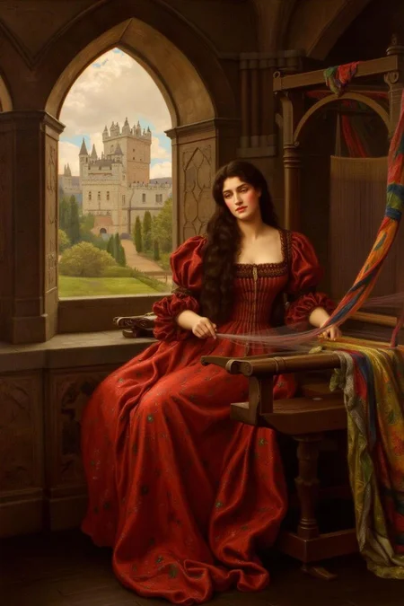 johncollier1 painting.
jwwaterhouse1.
A woman sitting inside a medieval castle. She has long dark hair, and is dressed in a flowing, richly detailed red dress with puffed sleeves and a cinched waist. She is working on a weaving loom with colorful textile. Behind her is a large open window showing a castle in the distance. <lora:johncollier1_cap_d8a4e12:1.0><lora:850626790161433761:0>
