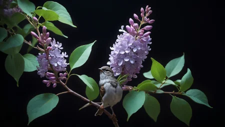black background,(photograph of translucent glass soft violet lilacs on a stem with leaves), a perching sparrow leans forward on stem,ethereal,neon,soft light,strong shadows,fujifilm xt3,only fill a the right side of the image following the rule of thirds, background, wallpaper, <lora:novaPrimeXL_v10:0.8>, <lora:chao style:0.7>, colorful, chao style, <lora:sdxl_photorealistic_slider_v1:2>,