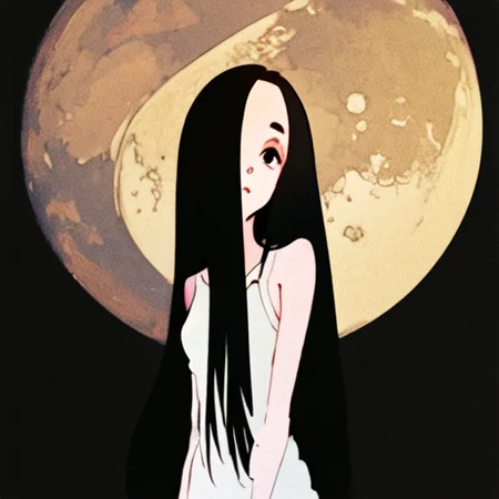 ((masterpiece)),(best quality), absurdres,sadako_yamamura,<lora:Sadakobest:0.8>, <lora:style3Style4_v10:1>, black background, moon, portrait, upperbody,