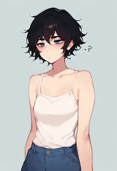 score_9, score_8_up, score_7_up, score_6_up, 2d,<lora:pepper0V1_r1:1>
small breasts, 1girl, shaggy hair, hetero, pale, black hair, blue eyes, middle hair, eyebrows visible through hair, short hair, mature, collarbone, blush, bored eyes, confused face, clothes, petite, short height, young,