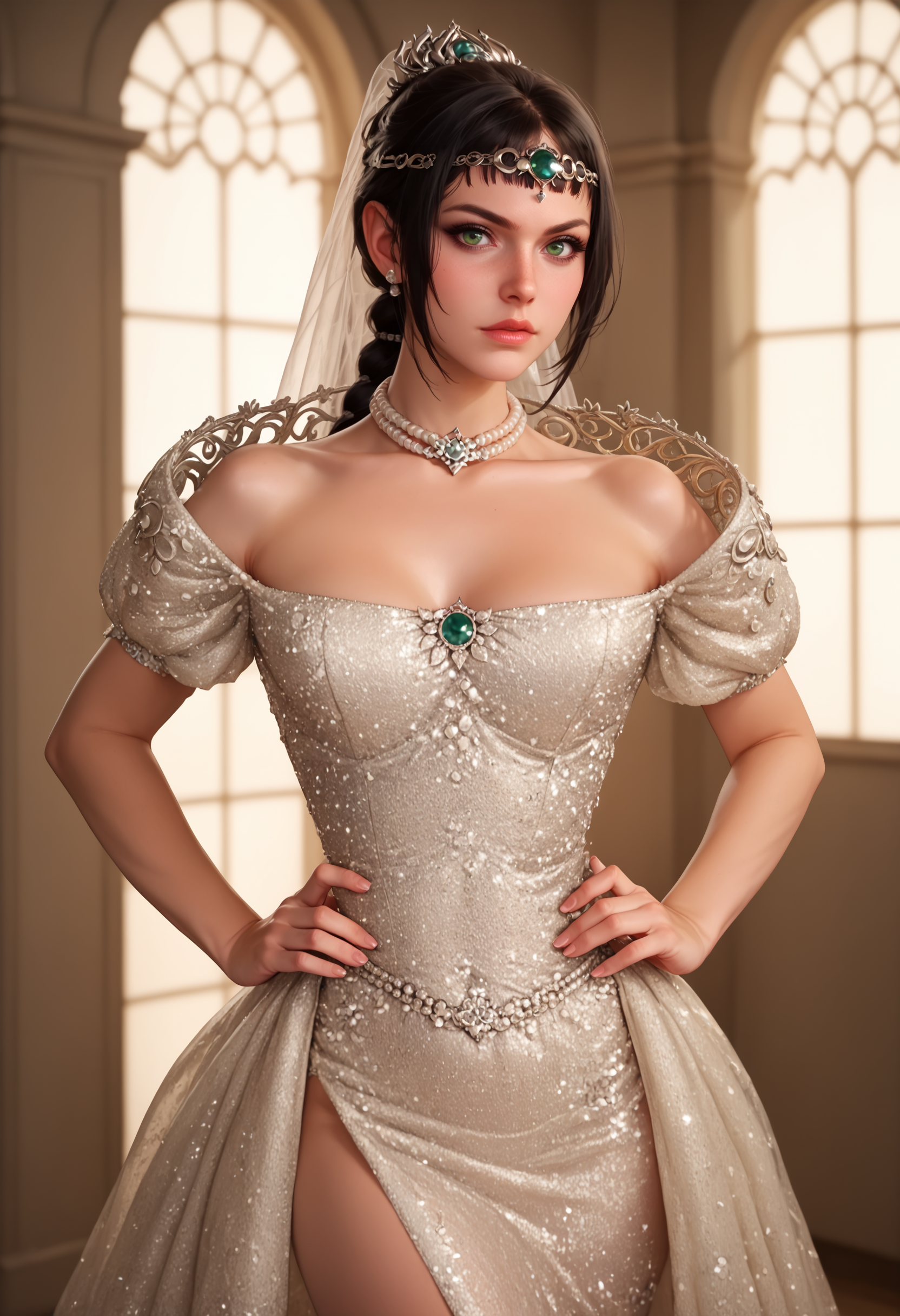 score_9, score_8_up, score_7_up, score_6_up, adult beautiful woman,solo, indoors, <lora:WMG3-69-PDXL:0.9>, pose, haute couture dress, off shoulder, (looking at viewer), strapless, neckline,   expression, pearl choker,  sparke, dr3ss, collarbone, highly detailed, BREAK bridal veil, latex applique, standing, hands on hips, angry, <lora:Char_bg3-ShadowHeart-PDXL:0.65> shadowheart, black hair, braided ponytail, green eyes, circlet