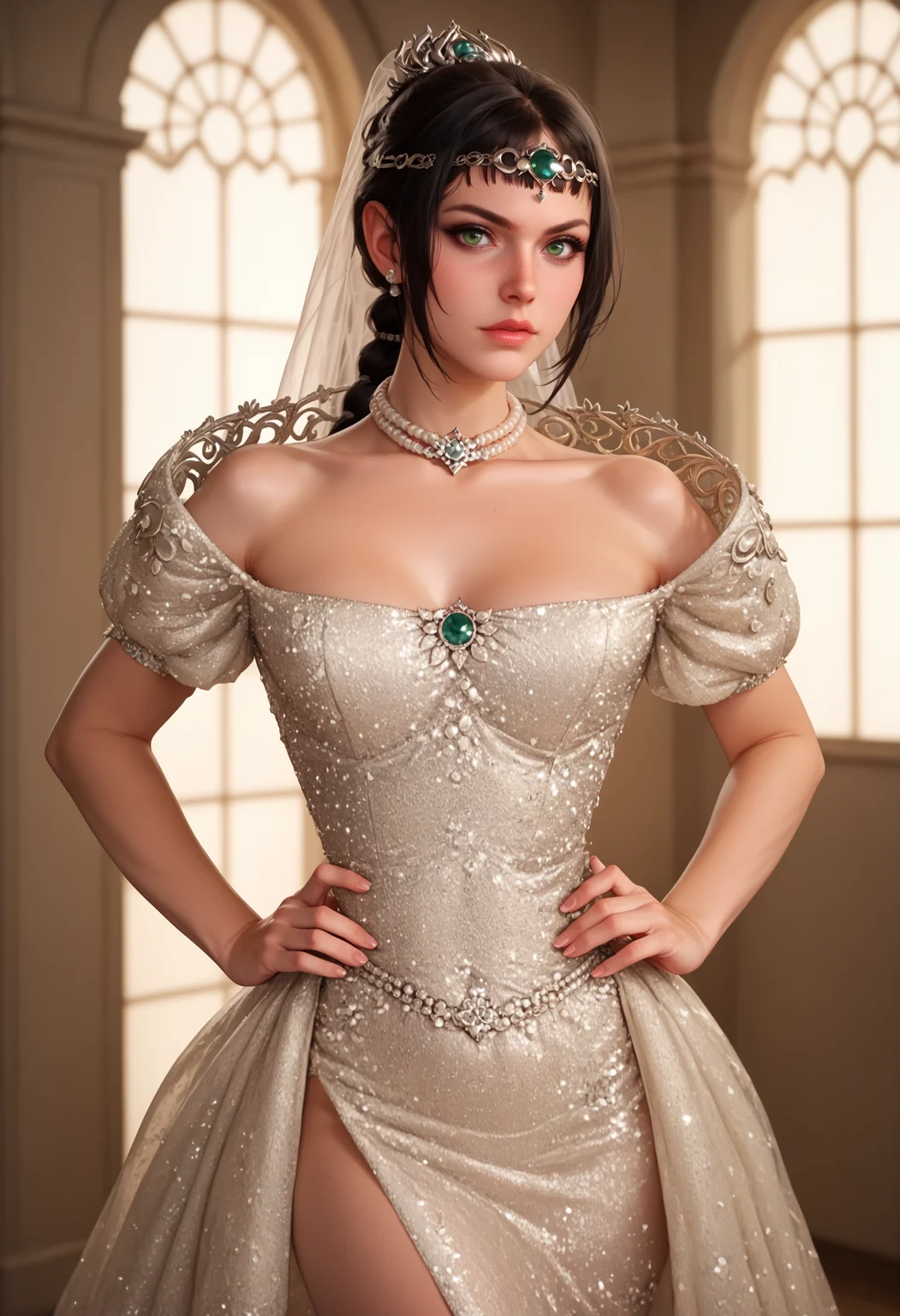 score_9, score_8_up, score_7_up, score_6_up, adult beautiful woman,solo, indoors, <lora:WMG3-69-PDXL:0.9>, pose, haute couture dress, off shoulder, (looking at viewer), strapless, neckline, expression, pearl choker, sparke, dr3ss, collarbone, highly detailed, BREAK bridal veil, latex applique, standing, hands on hips, angry, <lora:Char_bg3-ShadowHeart-PDXL:0.65> shadowheart, black hair, braided ponytail, green eyes, circlet