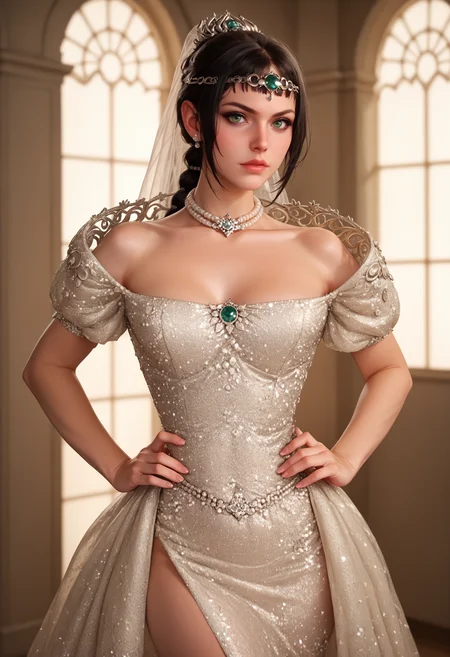 score_9, score_8_up, score_7_up, score_6_up, adult beautiful woman,solo, indoors, <lora:WMG3-69-PDXL:0.9>, pose, haute couture dress, off shoulder, (looking at viewer), strapless, neckline, expression, pearl choker, sparke, dr3ss, collarbone, highly detailed, BREAK bridal veil, latex applique, standing, hands on hips, angry, <lora:Char_bg3-ShadowHeart-PDXL:0.65> shadowheart, black hair, braided ponytail, green eyes, circlet