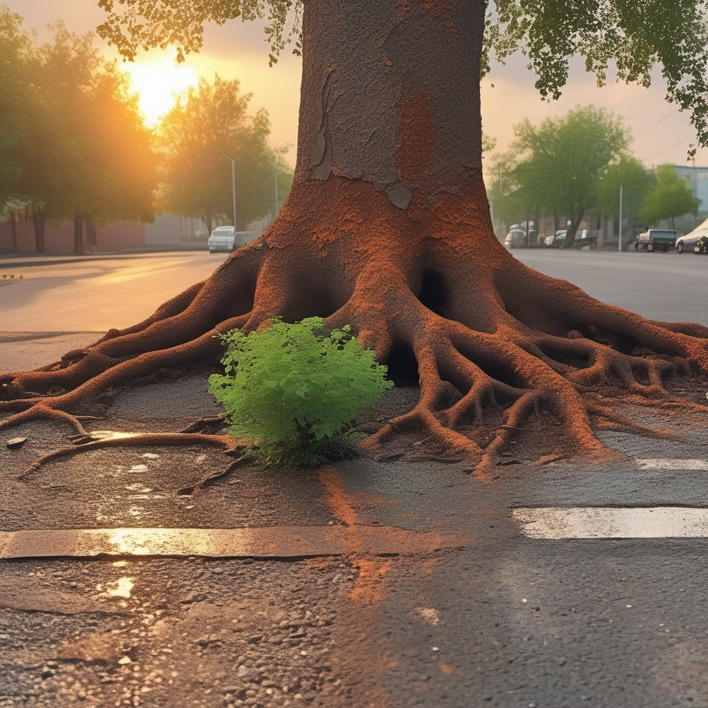 cinematic photo scenery surreal city, beautiful (green lush tree with strong roots:1.1),  growing from cracked broken metal scifi intricate engine  device, pbr texture, grit, stains, rust <lora:Grit-SDXL:1.2> , cracks in asphalt <lora:asphalt-SDXL-m:0.4>, mist, orange sky . 35mm photograph, film, bokeh, professional, 4k, highly detailed