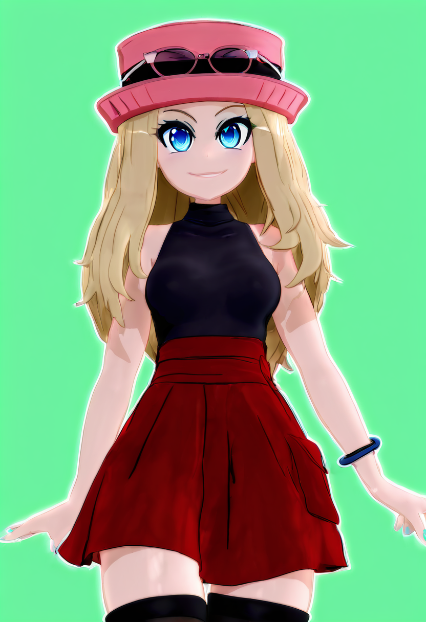 masterpiece, best quality, medium breasts, (curvy),   BREAK,  zzSerena, solo, long hair, blue eyes, eyewear on headwear, pink headwear, eyelashes, sleeveless shirt, black shirt, bracelet, high-waist skirt, red skirt, black thighhighs,<lora:SerenaPokemonIXL_v2:1.0>,smile, looking at viewer, cowboy shot,   <lora:MantisNAI:1.0>,