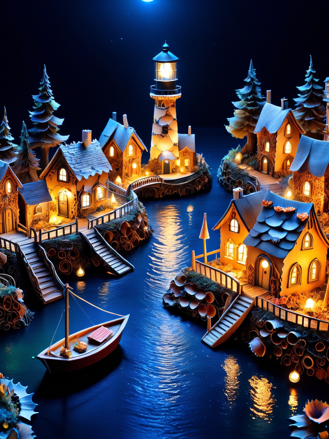 A whimsical miniature ais-pencilshavings fairy village at night, with tiny habor, fishing boats, a lighthouse, houses, bridges, and gardens all intricately detailed covered in ais-pencilshavings, smoke from chimneys, buildings with ethereal lights, dark, atmospheric, dynamic, cinematic, masterpiece, intricate, hdr.  <lora:Pencil_Shavings_Style_SDXL:1>  <lora:EnvyBetterHiresFixXL01:0:hr=1>